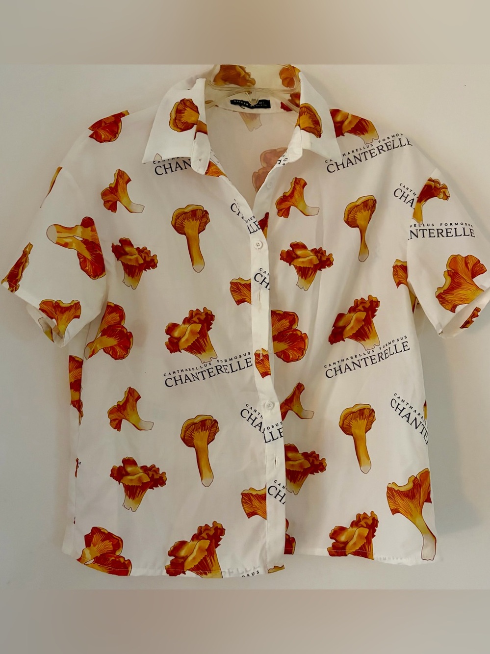 SHEIN White Button-Down Shirt with Whimsical Orange Mushroom Print